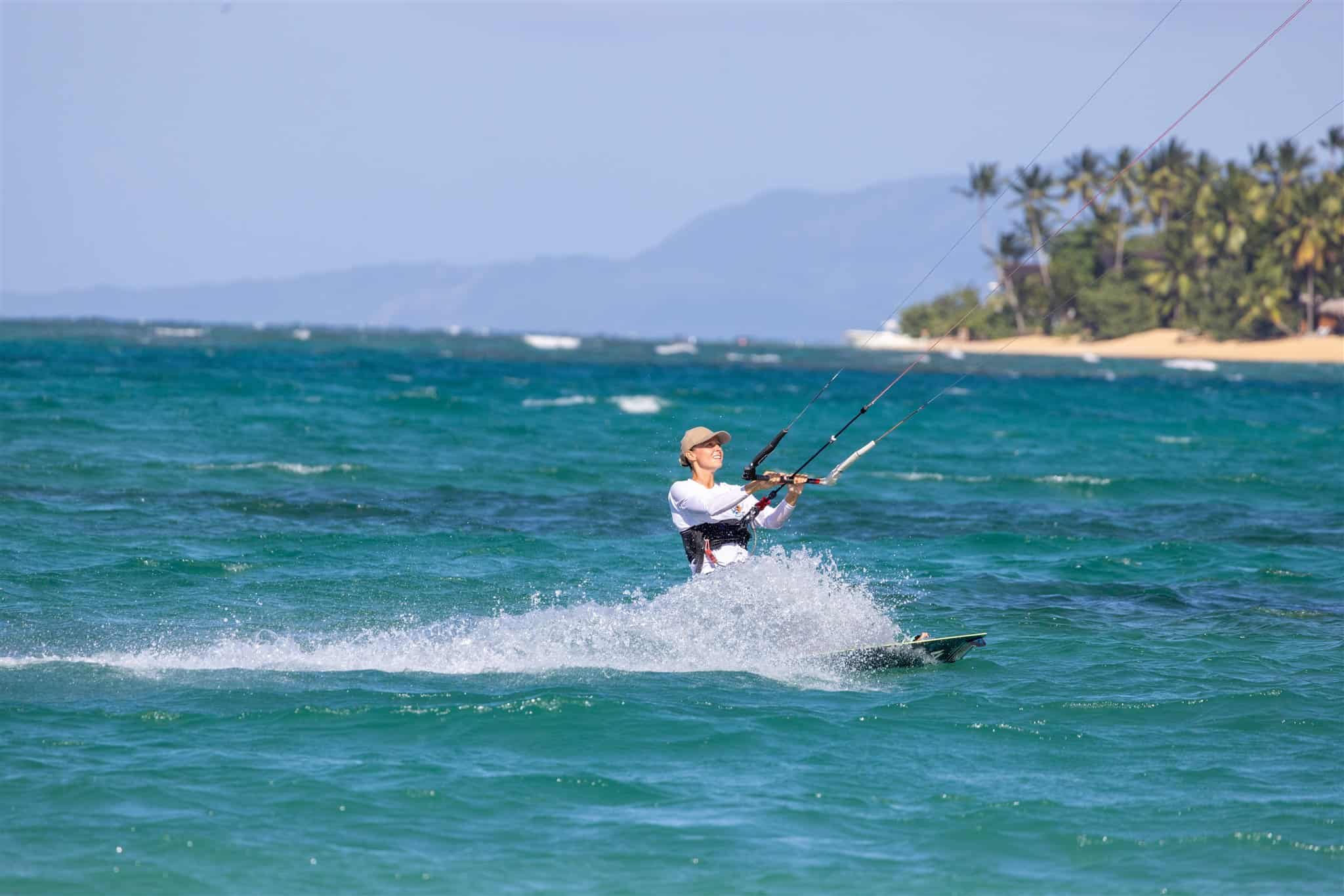 Drone view of kiteboarders on the blue waters of Cabarete.